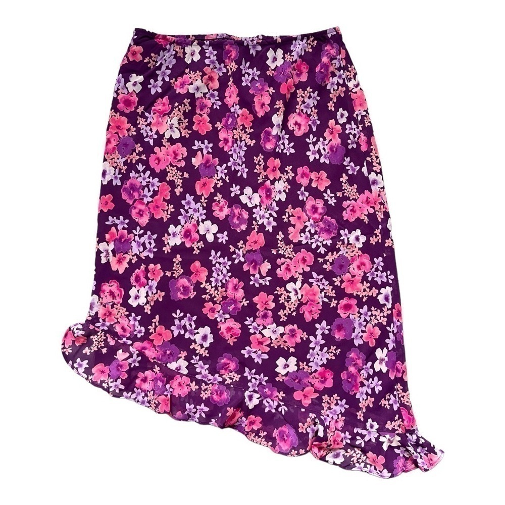 Y2K 90’s vintage Express purple and pink asymmetrical floral ruffle hem skirt